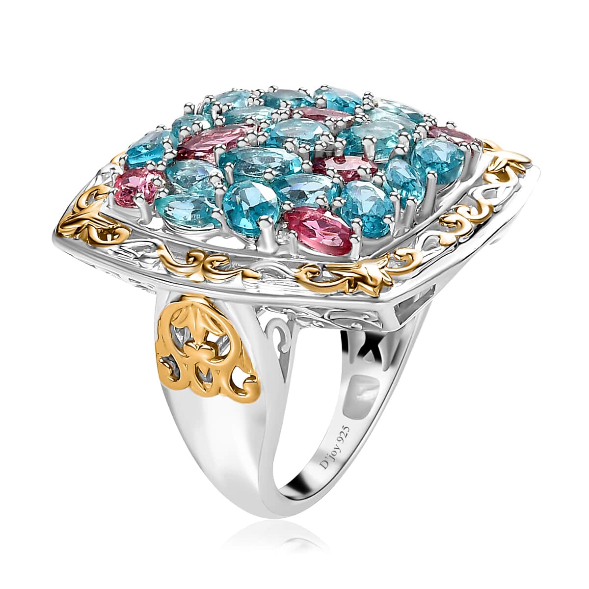 Betroka Blue Apatite, Pink Tourmaline and Diamond 5.15 ctw Ring in Vermeil YG and Platinum Over Sterling Silver (Size 5.0) image number 3