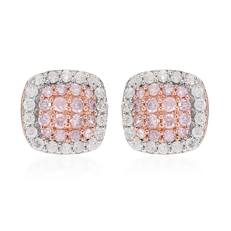 Natural Pink and White Diamond I3 Stud Earrings in Vermeil Rose Gold Over Sterling Silver 0.50 ctw