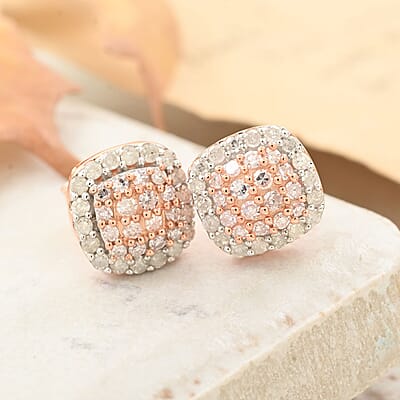 Natural Pink and White Diamond I3 Stud Earrings in Vermeil Rose Gold Over Sterling Silver 0.50 ctw