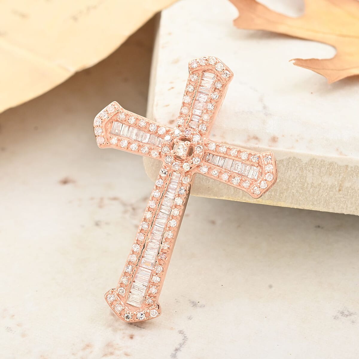 Natural Pink Diamond I3 Cross Pendant without Chain in Vermeil Rose Gold Over Sterling Silver 0.50 ctw image number 1