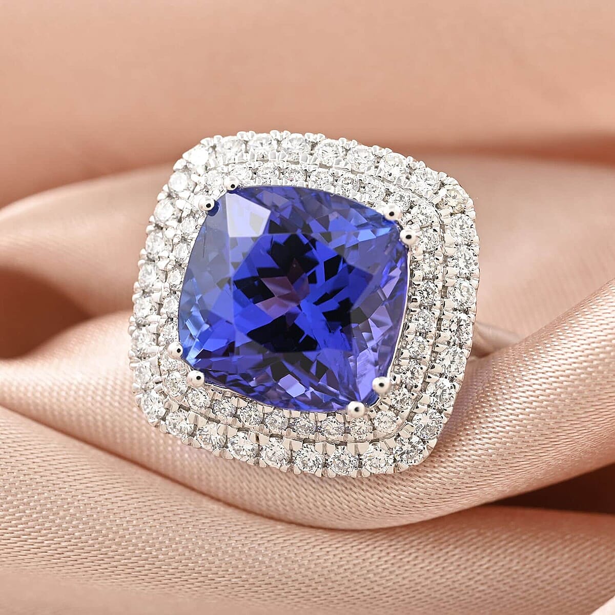 Certified & Appraised Rhapsody 950 Platinum AAAA Tanzanite and E-F VS Diamond Double Halo Ring (Size 6.5) 9.10 Grams 7.75 ctw image number 1