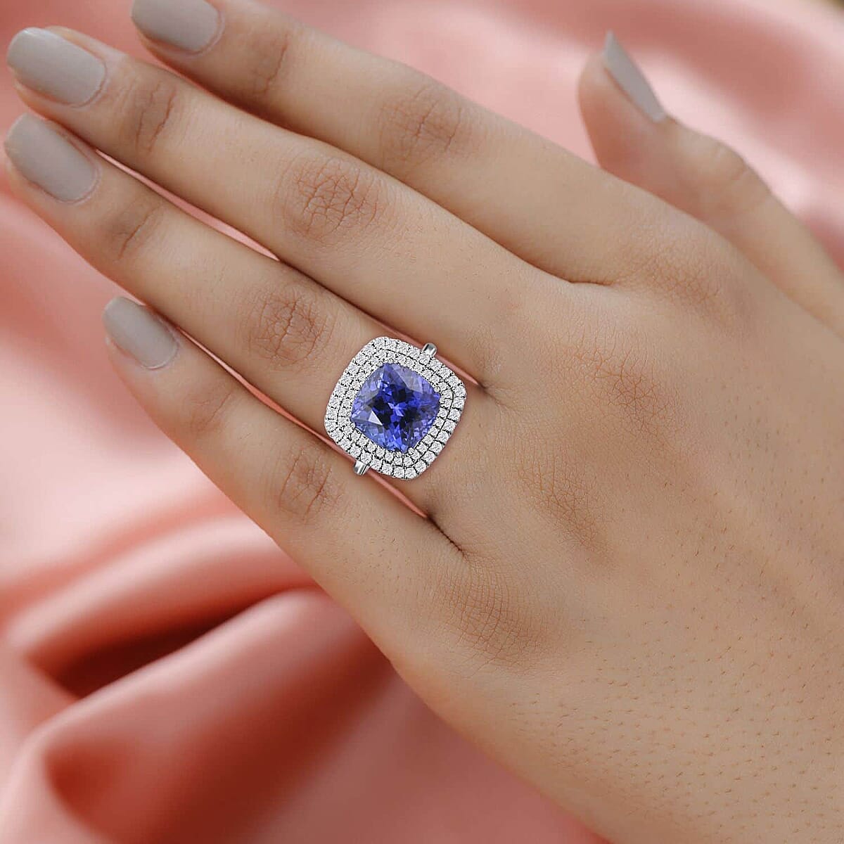Certified & Appraised Rhapsody 950 Platinum AAAA Tanzanite and E-F VS Diamond Double Halo Ring (Size 6.5) 9.10 Grams 7.75 ctw image number 2