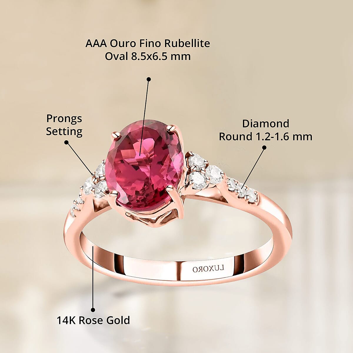 Certified & Appraised Luxoro AAA Ouro Fino Rubellite and G-H I2 Diamond 1.80 ctw Ring in 14K Rose Gold (Size 10.0) image number 4