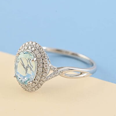 Iliana 18K White Gold AAA Santa Maria Aquamarine and G-H SI Diamond Double Halo Ring (Size 11.0) 2.20 ctw
