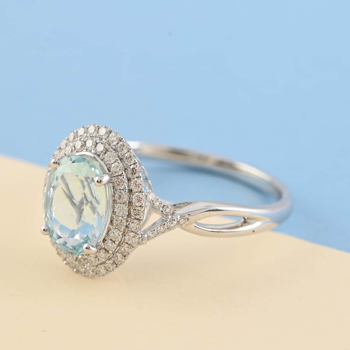 Iliana AAA Santa Maria Aquamarine and G-H SI Diamond 2.20 ctw Double Halo Ring in 18K White Gold (Size 7.5) image number 1