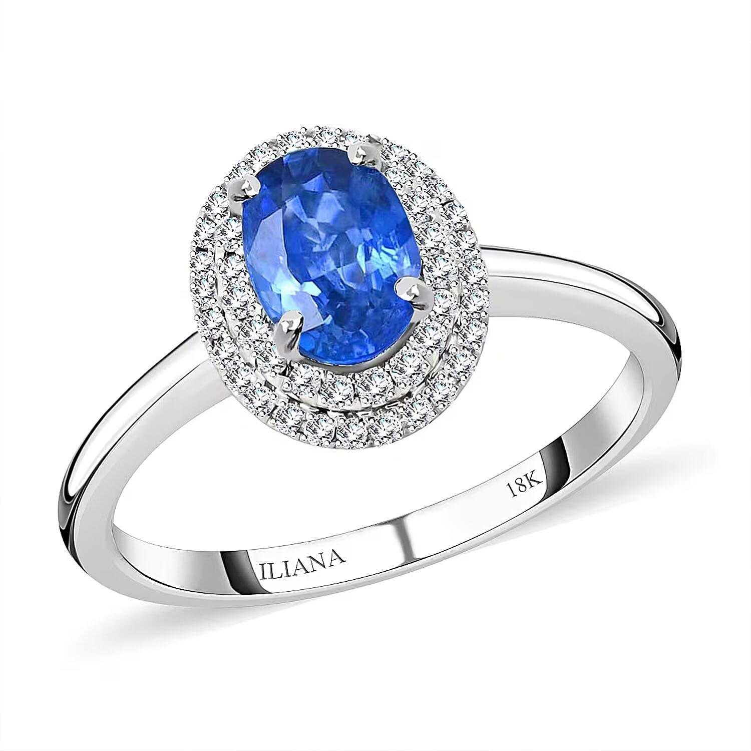 Certified & Appraised Iliana 18K White Gold AAA Royal Ceylon Sapphire and G-H SI Diamond Double Halo Ring (Size 10.5) 1.25 ctw