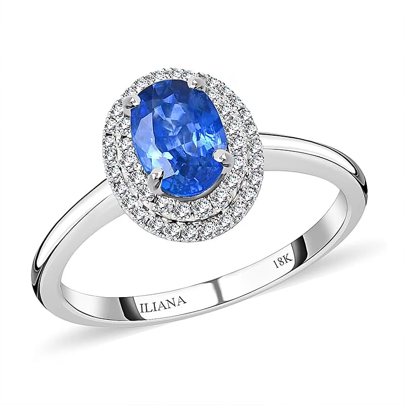 Certified & Appraised Iliana 18K White Gold AAA Royal Ceylon Sapphire and G-H SI Diamond Double Halo Ring (Size 10.5) 1.25 ctw
