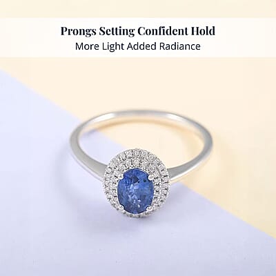 Certified & Appraised Iliana 18K White Gold AAA Royal Ceylon Sapphire and G-H SI Diamond Double Halo Ring (Size 10.5) 1.25 ctw