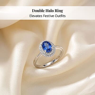 Certified & Appraised Iliana 18K White Gold AAA Royal Ceylon Sapphire and G-H SI Diamond Double Halo Ring (Size 10.5) 1.25 ctw