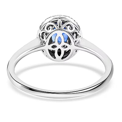 Certified & Appraised Iliana 18K White Gold AAA Royal Ceylon Sapphire and G-H SI Diamond Double Halo Ring (Size 10.5) 1.25 ctw