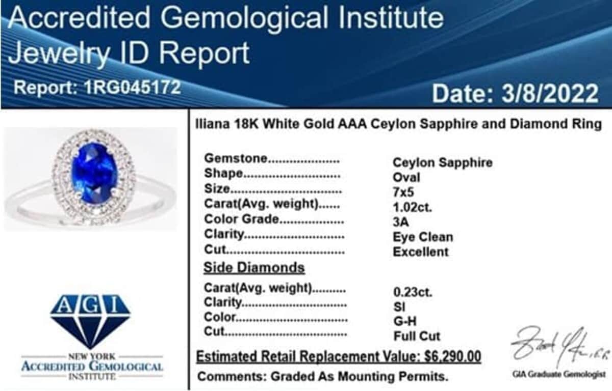 Certified & Appraised Iliana 18K White Gold AAA Royal Ceylon Sapphire and G-H SI Diamond Double Halo Ring (Size 5.0) 1.25 ctw image number 6