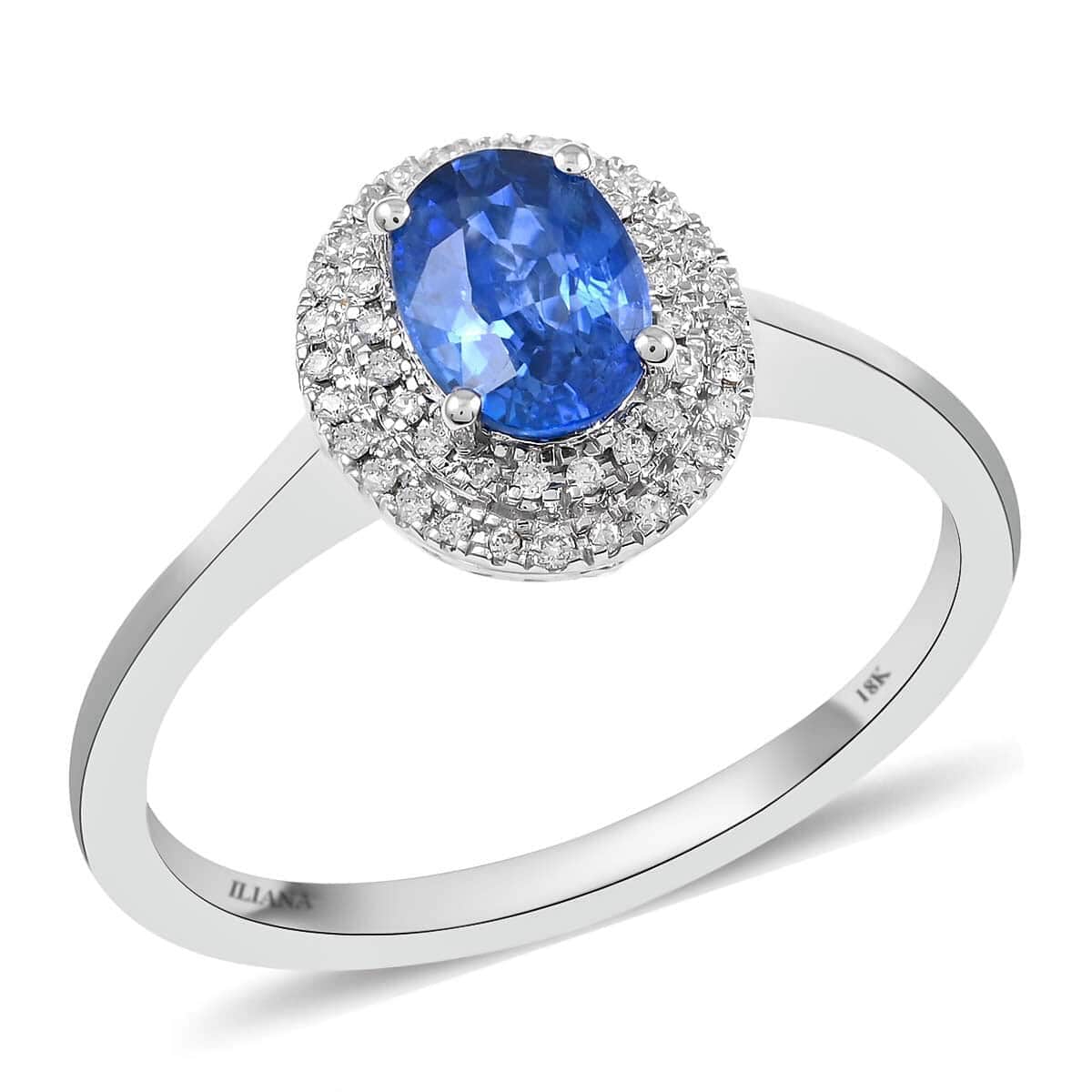 Certified & Appraised Iliana 18K White Gold AAA Royal Ceylon Sapphire and G-H SI Diamond Double Halo Ring (Size 5.5) 1.25 ctw image number 0