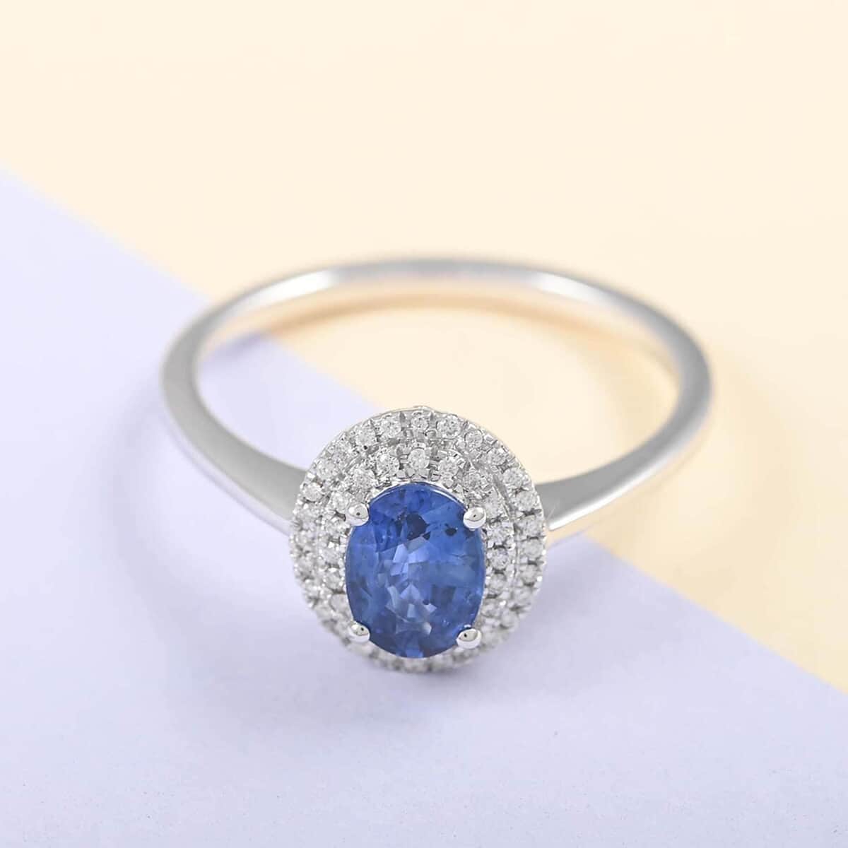 Certified & Appraised Iliana 18K White Gold AAA Royal Ceylon Sapphire and G-H SI Diamond Double Halo Ring (Size 5.5) 1.25 ctw image number 1