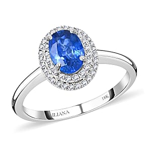 Certified & Appraised Iliana 18K White Gold AAA Royal Ceylon Sapphire and G-H SI Diamond Double Halo Ring (Size 8.5) 1.25 ctw