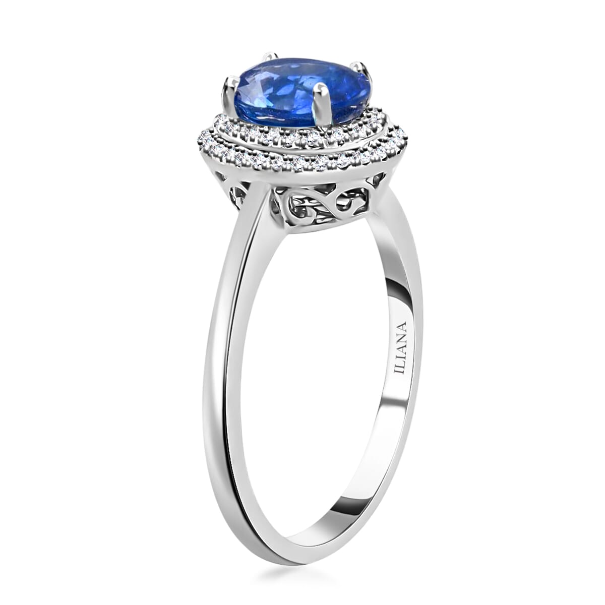 Certified & Appraised Iliana 18K White Gold AAA Royal Ceylon Sapphire and G-H SI Diamond Double Halo Ring (Size 8.5) 1.25 ctw image number 3
