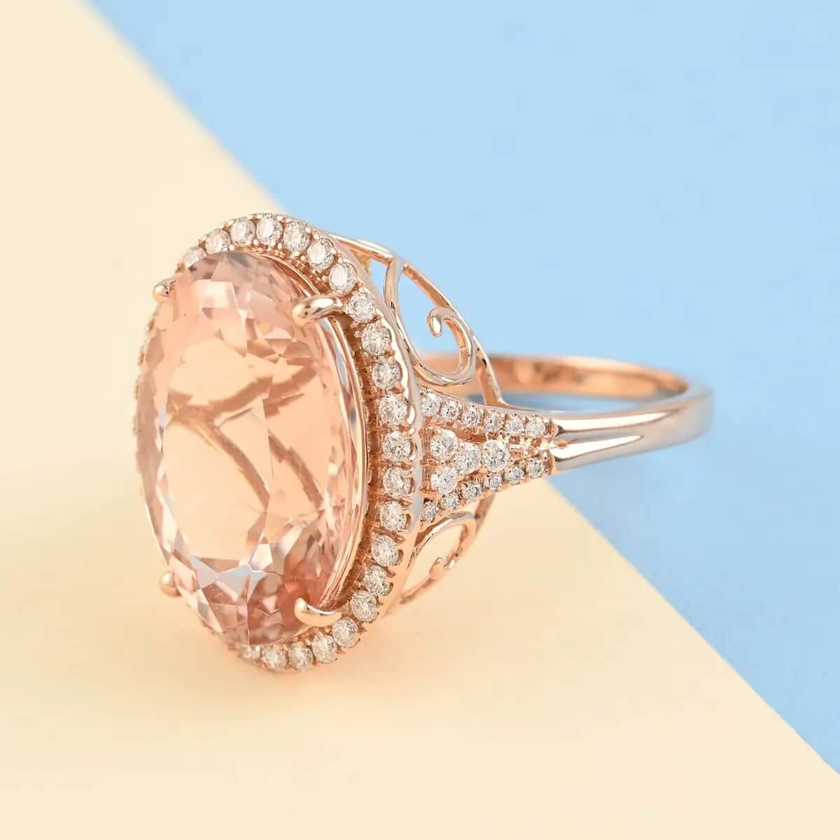 Certified & Appraised Iliana 18K Rose Gold AAA Marropino Morganite and G-H SI Diamond Halo Ring (Size 10.5) 6.60 Grams 12.70 ctw image number 1