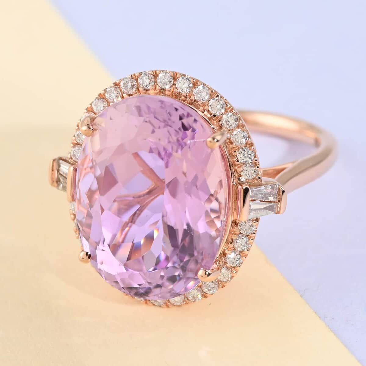 Certified and Appraised Iliana 18K Rose Gold AAA Patroke Kunzite and G-H SI Diamond Halo Ring (Size 9.5) 5.40 Grams 12.80 ctw image number 1