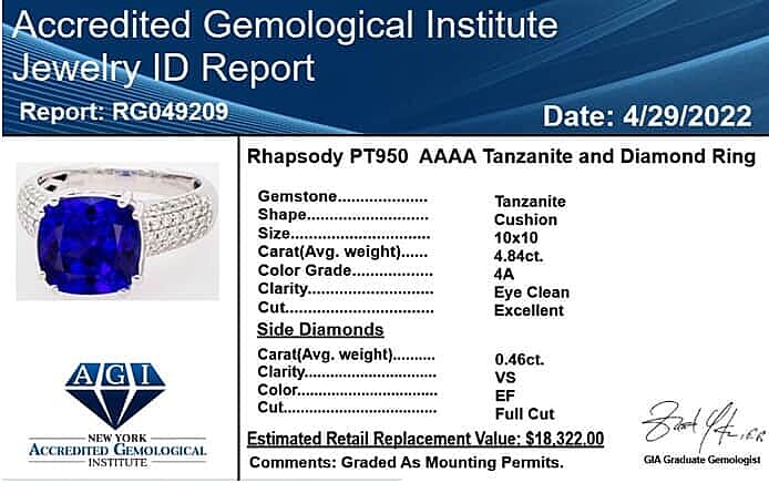 Certified & Appraised Rhapsody 950 Platinum AAAA Tanzanite and E-F VS Diamond Ring (Size 10.0) 8.80 Grams 5.30 ctw