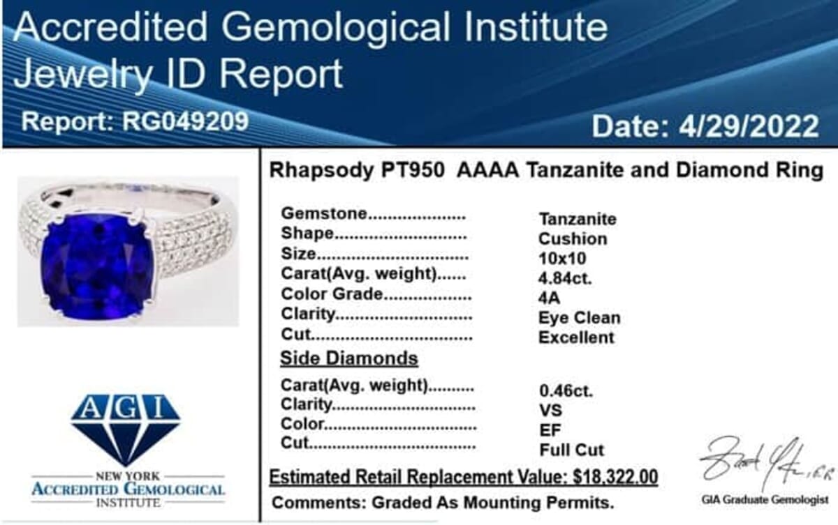 Certified & Appraised Rhapsody 950 Platinum AAAA Tanzanite and E-F VS Diamond Ring (Size 6.0) 8.80 Grams 5.30 ctw image number 6