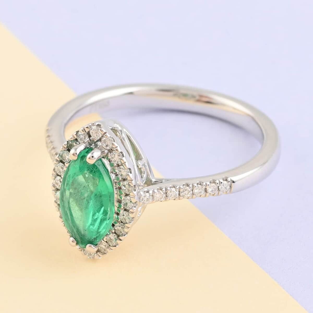 Certified & Appraised RHAPSODY 950 Platinum AAAA Boyaca Colombian Emerald and E-F VS Diamond Halo Ring 4.90 Grams 1.10 ctw image number 1