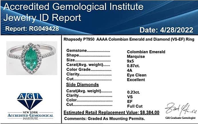 Certified & Appraised RHAPSODY 950 Platinum AAAA Boyaca Colombian Emerald and E-F VS Diamond Halo Ring 4.90 Grams 1.10 ctw