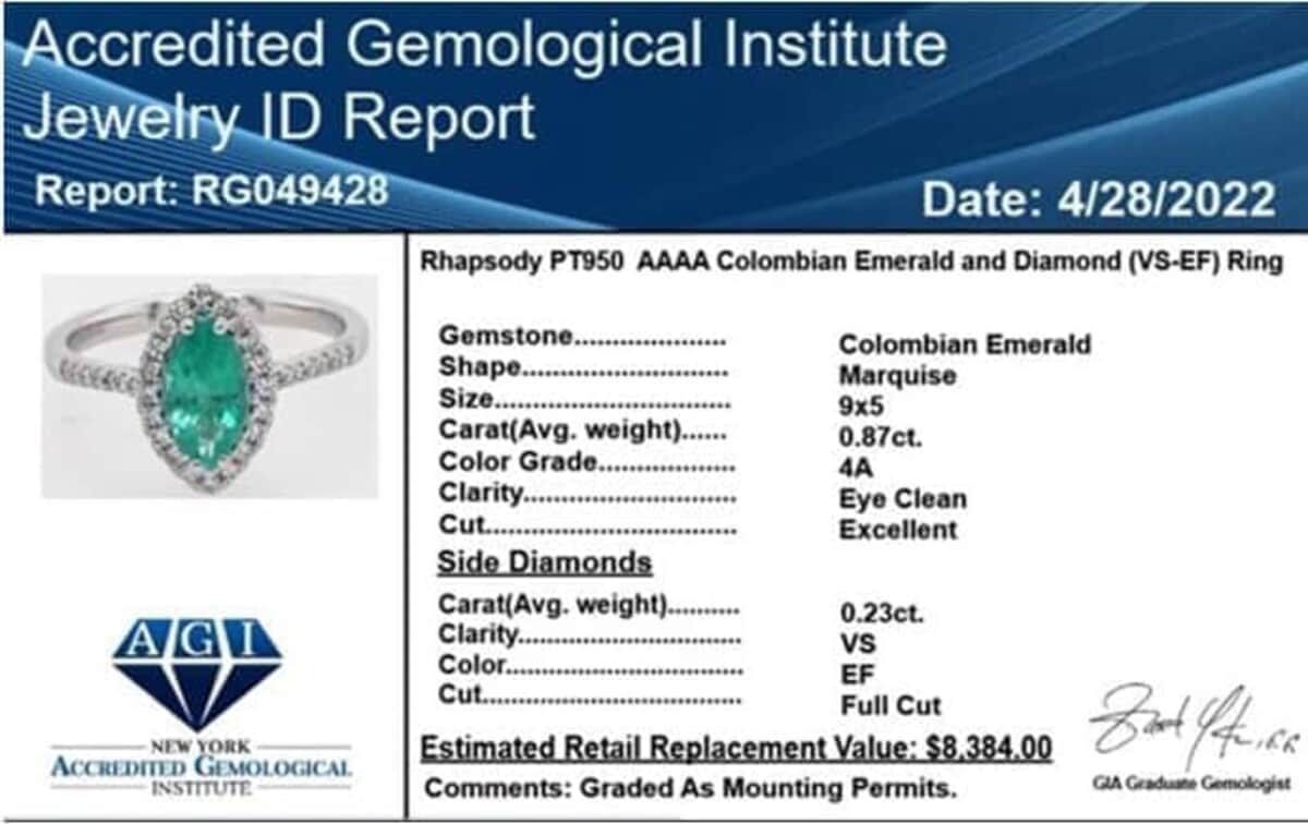 Certified & Appraised RHAPSODY 950 Platinum AAAA Boyaca Colombian Emerald and E-F VS Diamond Halo Ring 4.90 Grams 1.10 ctw image number 6