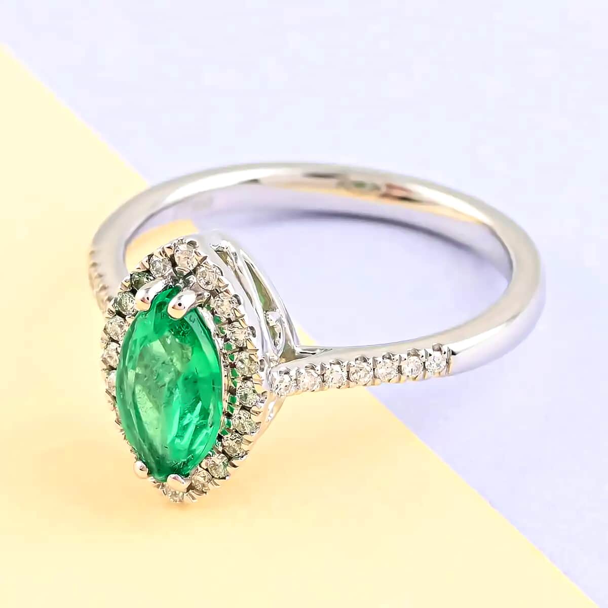 Certified & Appraised RHAPSODY 950 Platinum AAAA Boyaca Colombian Emerald and E-F VS Diamond Halo Ring 4.90 Grams 1.10 ctw image number 1