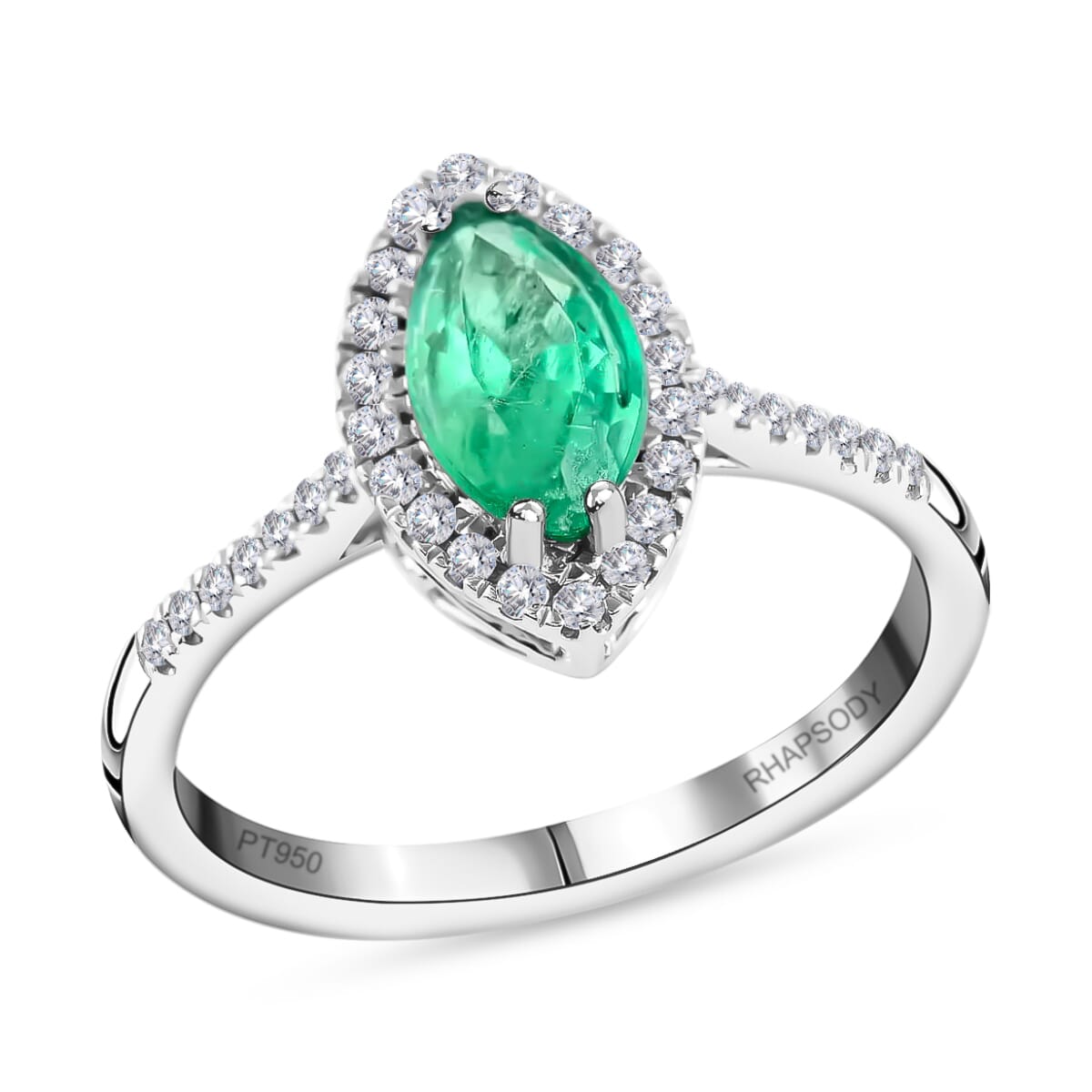 One Of A Kind Certified & Appraised Rhapsody AAAA Boyaca Colombian Emerald and E-F VS Diamond 1.10 ctw Halo Ring in 950 Platinum (Size 6.5) 4.90 Grams image number 0
