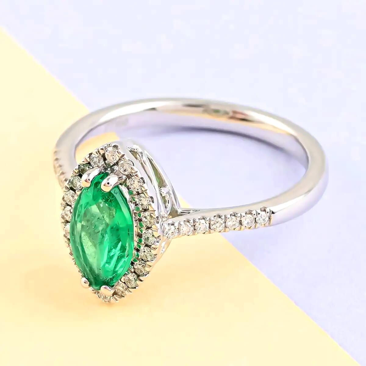 One Of A Kind Certified & Appraised Rhapsody AAAA Boyaca Colombian Emerald and E-F VS Diamond 1.10 ctw Halo Ring in 950 Platinum (Size 6.5) 4.90 Grams image number 1