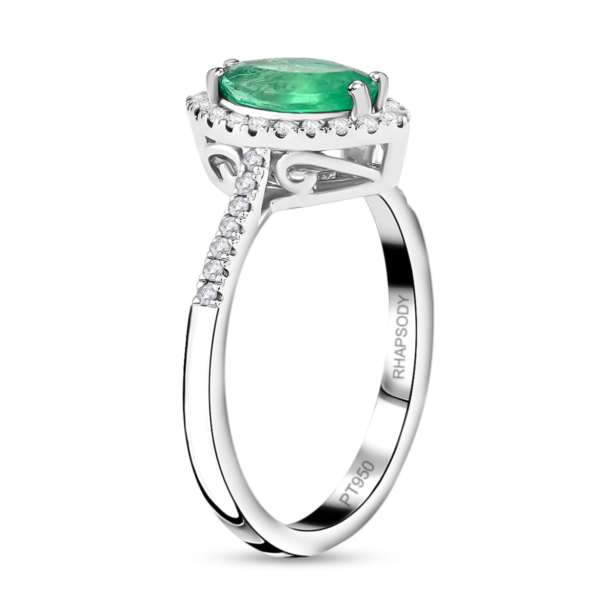 One Of A Kind Certified & Appraised Rhapsody AAAA Boyaca Colombian Emerald and E-F VS Diamond 1.10 ctw Halo Ring in 950 Platinum (Size 6.5) 4.90 Grams image number 3