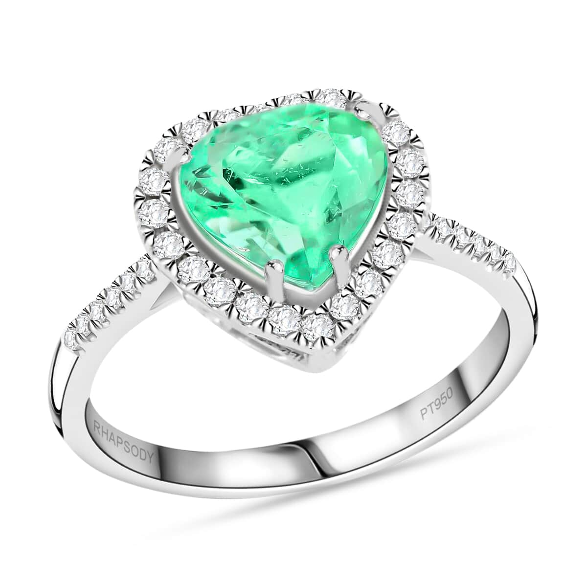 Certified & Appraised Rhapsody 950 Platinum AAAA Boyaca Colombian Emerald and E-F VS Diamond Heart Halo Ring (Size 7.5) 4.30 Grams 2.25 ctw image number 0