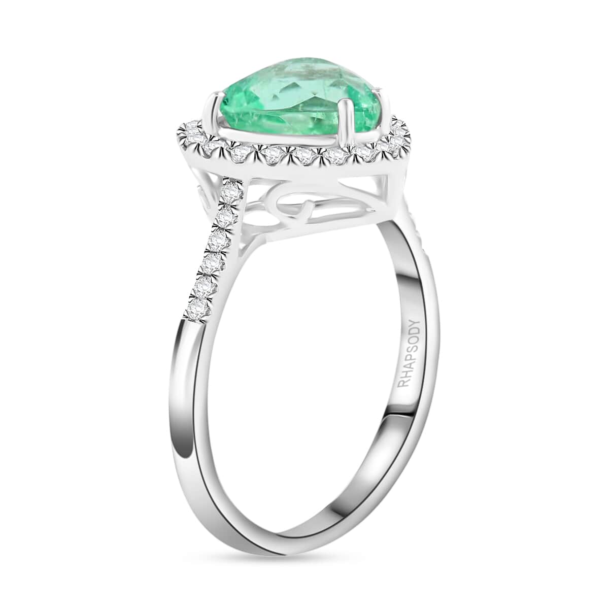 Certified & Appraised Rhapsody 950 Platinum AAAA Boyaca Colombian Emerald and E-F VS Diamond Heart Halo Ring (Size 7.5) 4.30 Grams 2.25 ctw image number 3