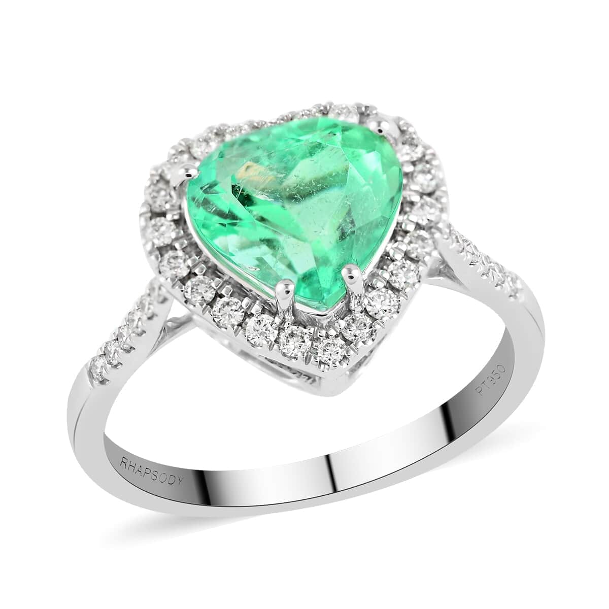 Certified & Appraised Rhapsody 950 Platinum AAAA Boyaca Colombian Emerald and E-F VS Diamond Heart Halo Ring (Size 9.0) 4.30 Grams 2.25 ctw image number 0