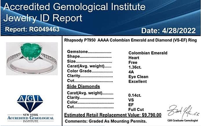 Certified & Appraised Rhapsody 950 Platinum AAAA Boyaca Colombian Emerald and E-F VS Diamond Ring (Size 10.0) 1.50 ctw
