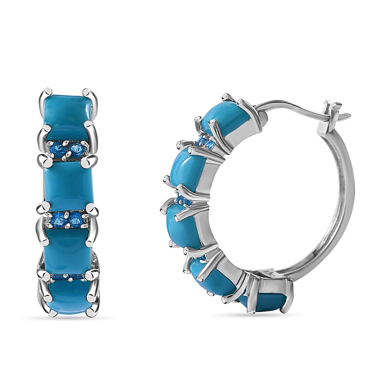 Sleeping Beauty Turquoise and Malgache Neon Apatite 6.60 ctw Hoop Earrings in Platinum Over Sterling Silver