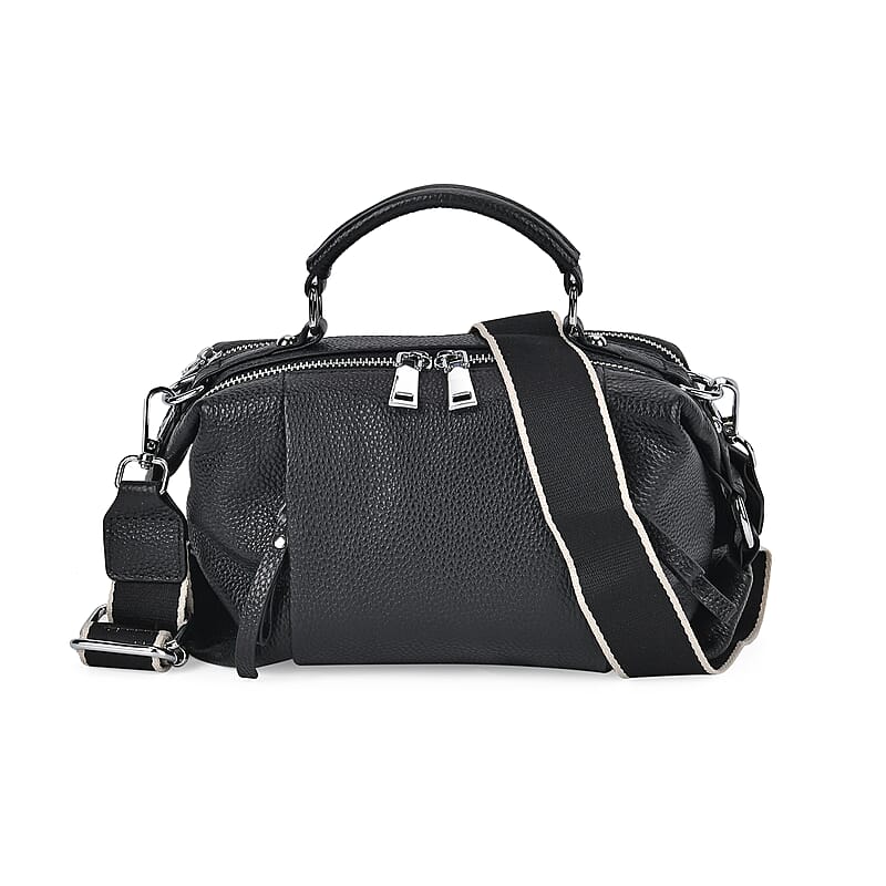 Black Genuine Leather Crossbody Bag with Multiple Pockets