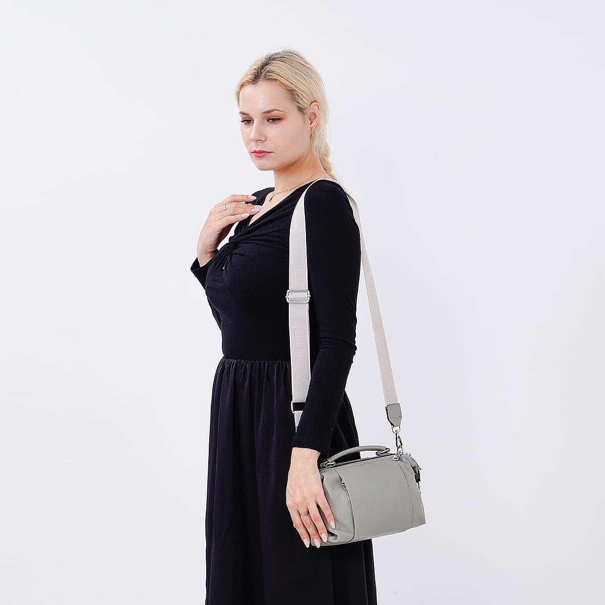 Gray Genuine Leather Crossbody Bag with Multiple Pockets image number 1