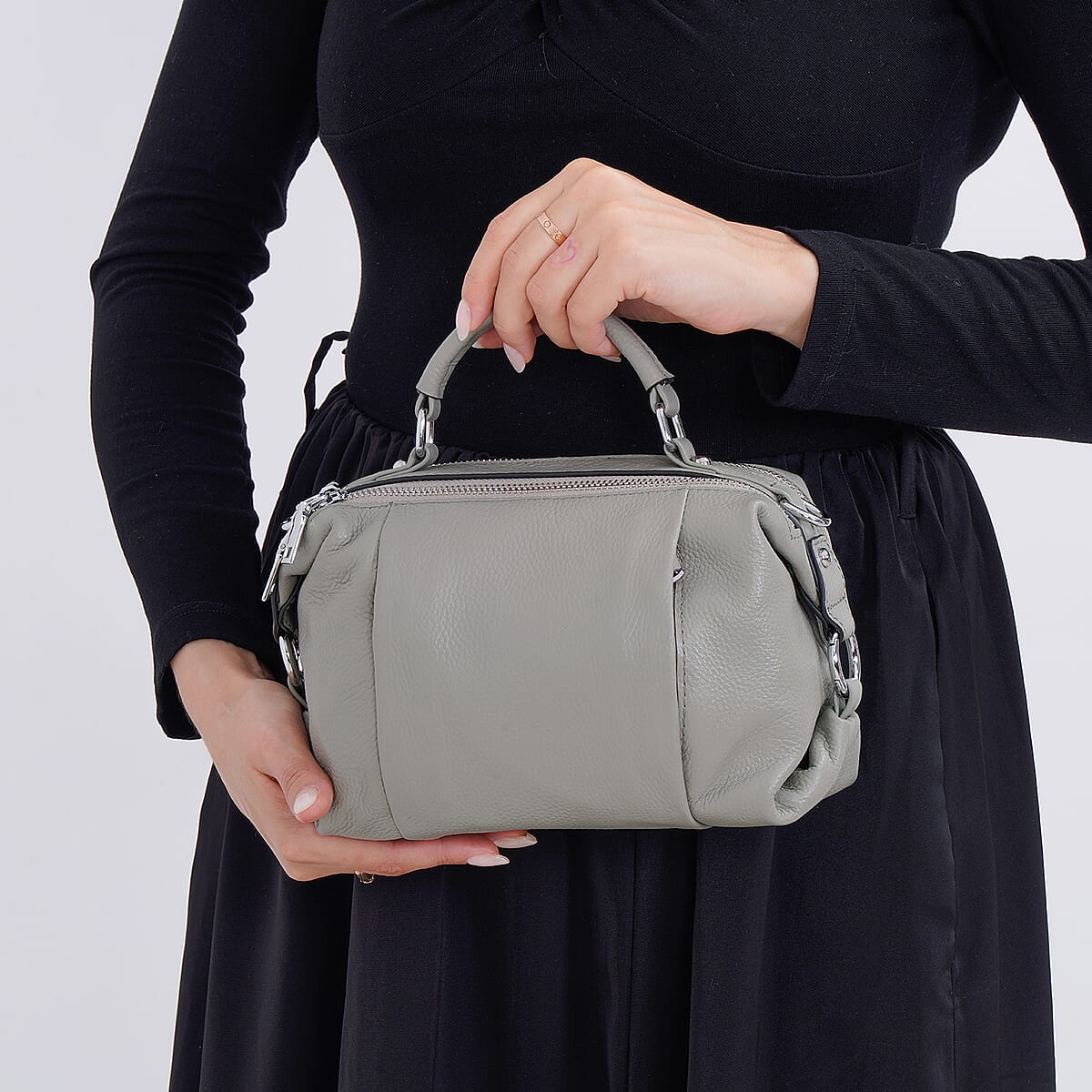 Gray Genuine Leather Crossbody Bag with Multiple Pockets image number 2