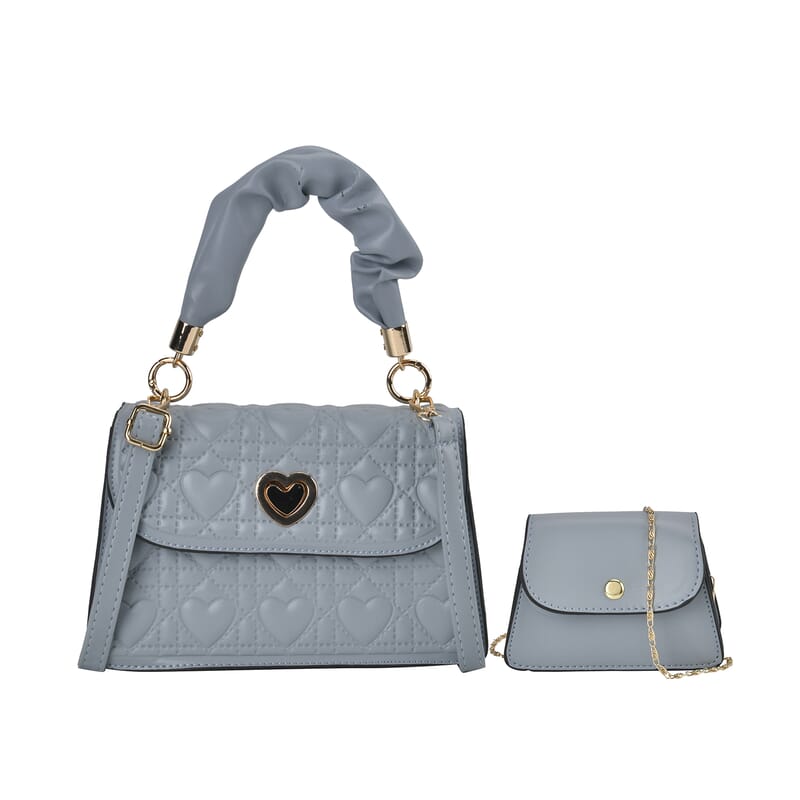 Set of 2 Blue Embossed Heart Pattern Faux Leather Crossbody Bag