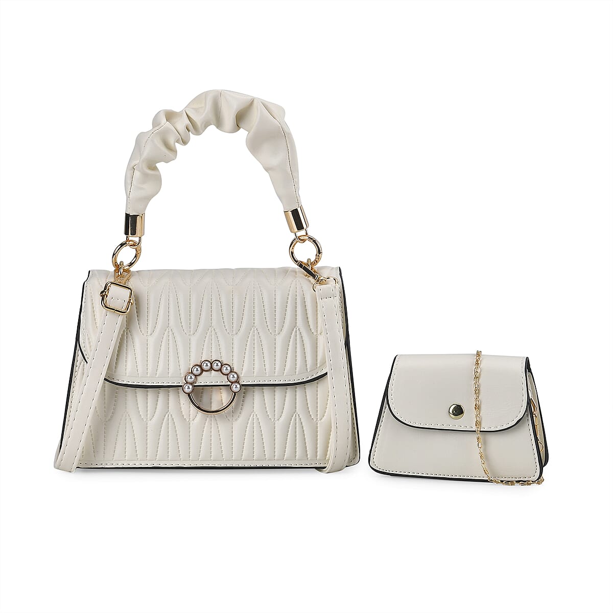 Set of 2 Off-White Embossed Streak Shape Pattern Faux Leather Crossbody Bag image number 0