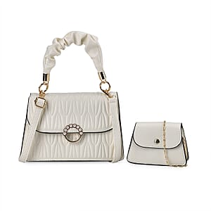 Set of 2 Off-White Embossed Streak Shape Pattern Faux Leather Crossbody Bag
