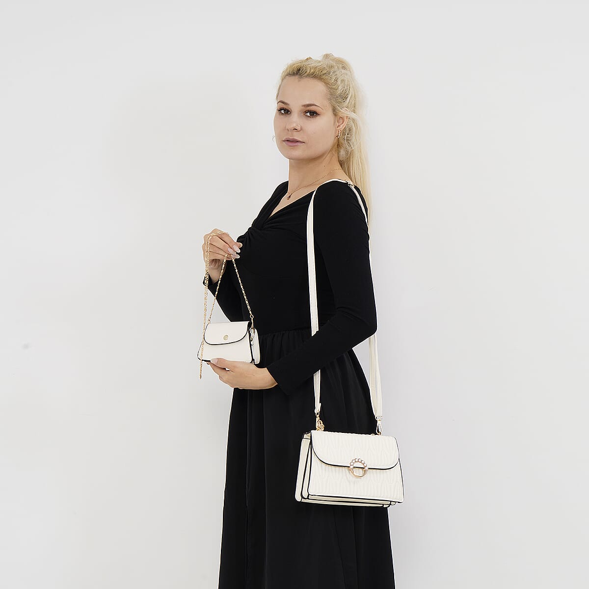Set of 2 Off-White Embossed Streak Shape Pattern Faux Leather Crossbody Bag image number 1