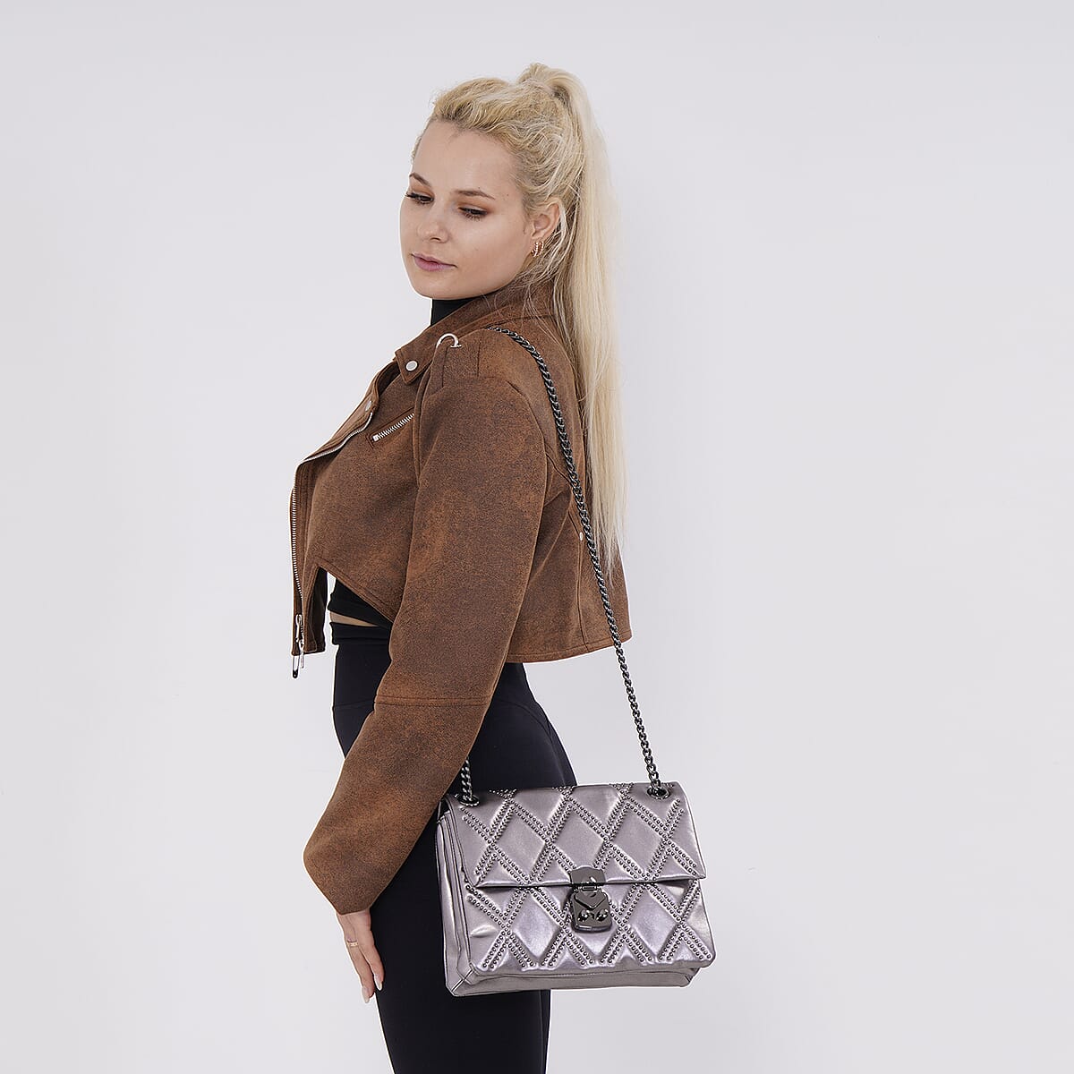 Gray Genuine Leather Crossbody Bag With Shoulder Strap image number 1