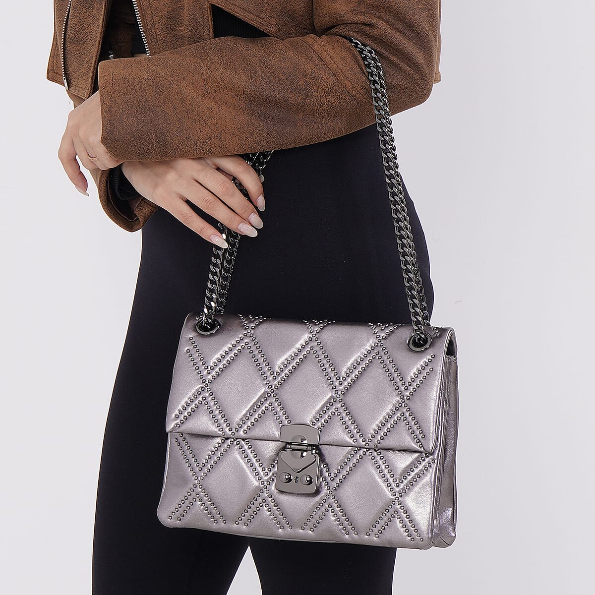 Gray Genuine Leather Crossbody Bag With Shoulder Strap image number 2