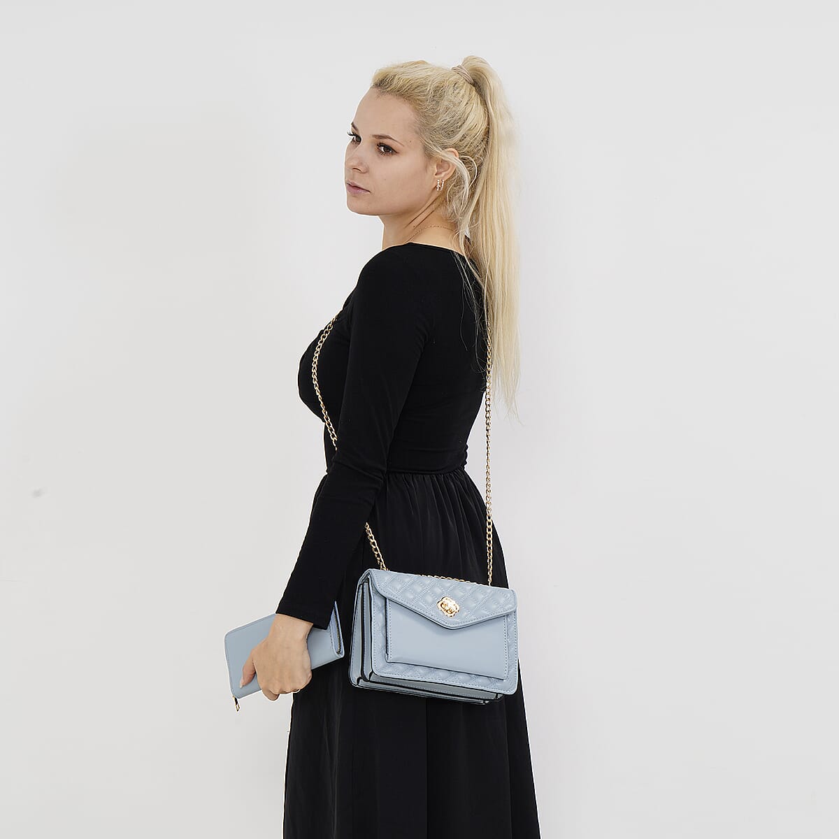 Blue Embossed Heart Shape Faux Leather Crossbody Bag (9"x3.7"x5.9") with Wallet (7.5"x3.9") image number 1