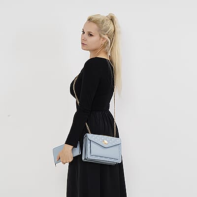 Blue Embossed Heart Shape Faux Leather Crossbody Bag with Wallet
