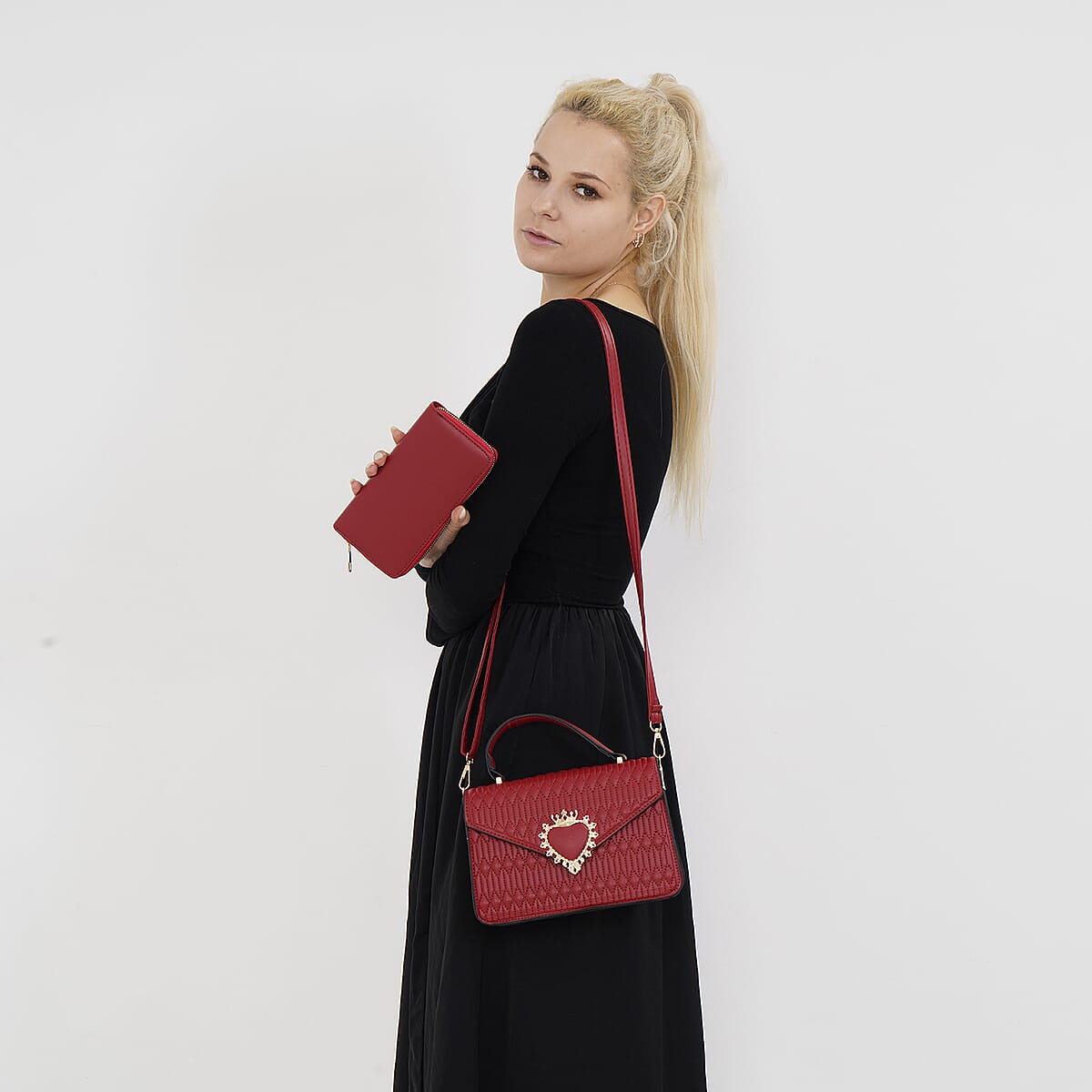 Red Embossed Rhomboid Shape Faux Leather Crossbody Bag with Wallet image number 1