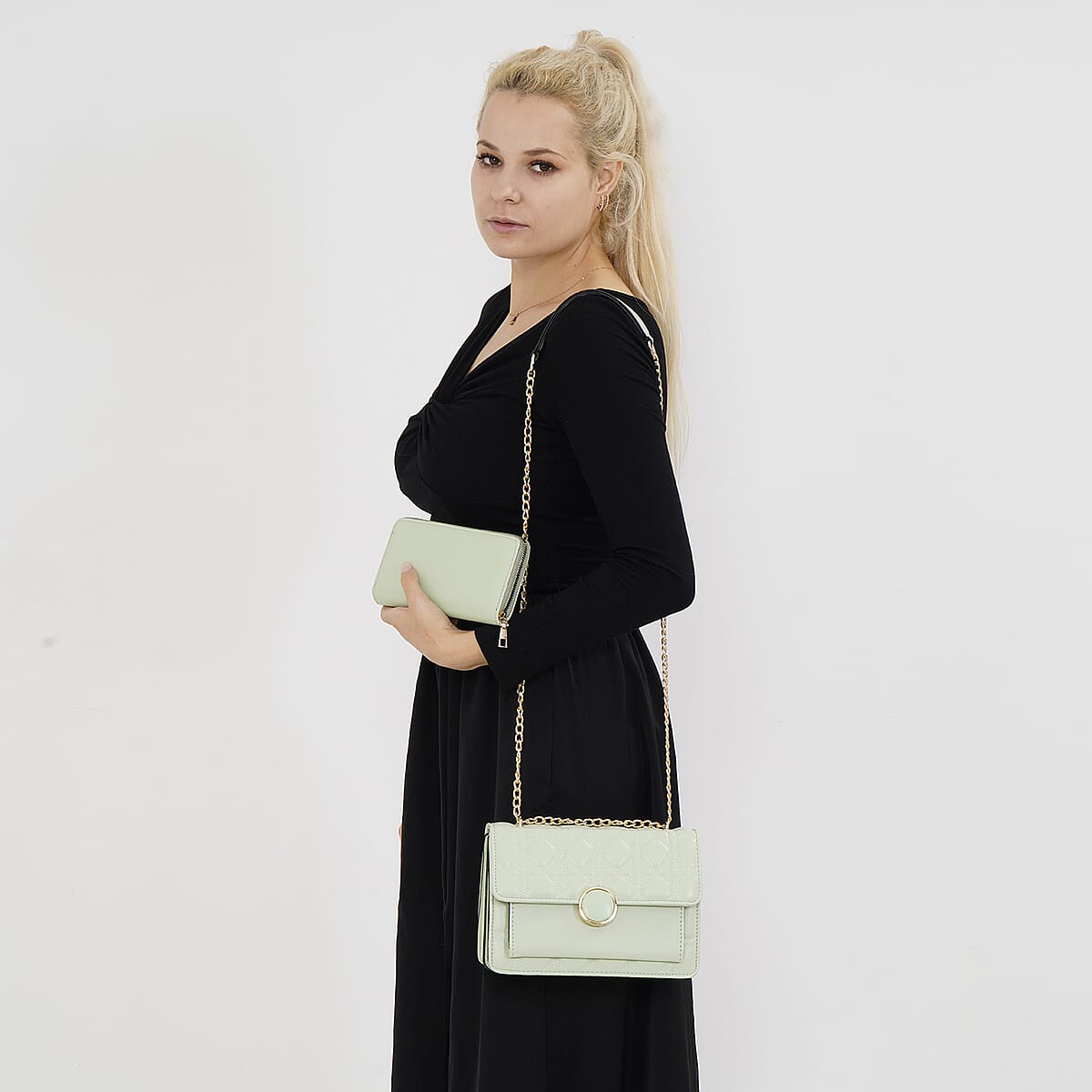 Light Green Embroidery Ellipsoid Faux Leather Crossbody Bag with Wallet image number 1