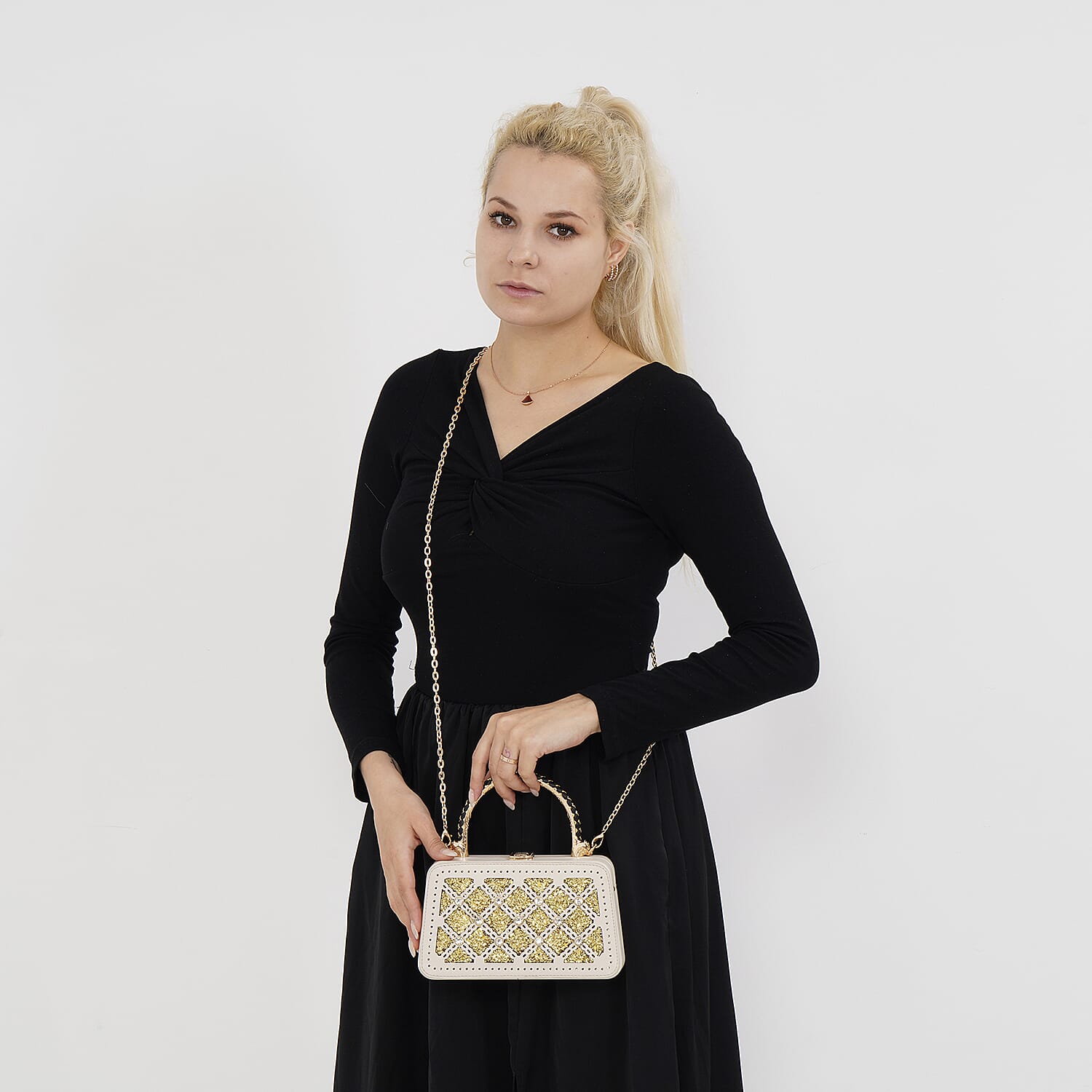 White Sparkling Crystals Faux Leather Crossbody Bag with Shoulder Chain