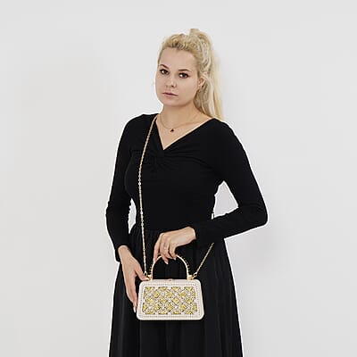 White Sparkling Crystals Faux Leather Crossbody Bag with Shoulder Chain